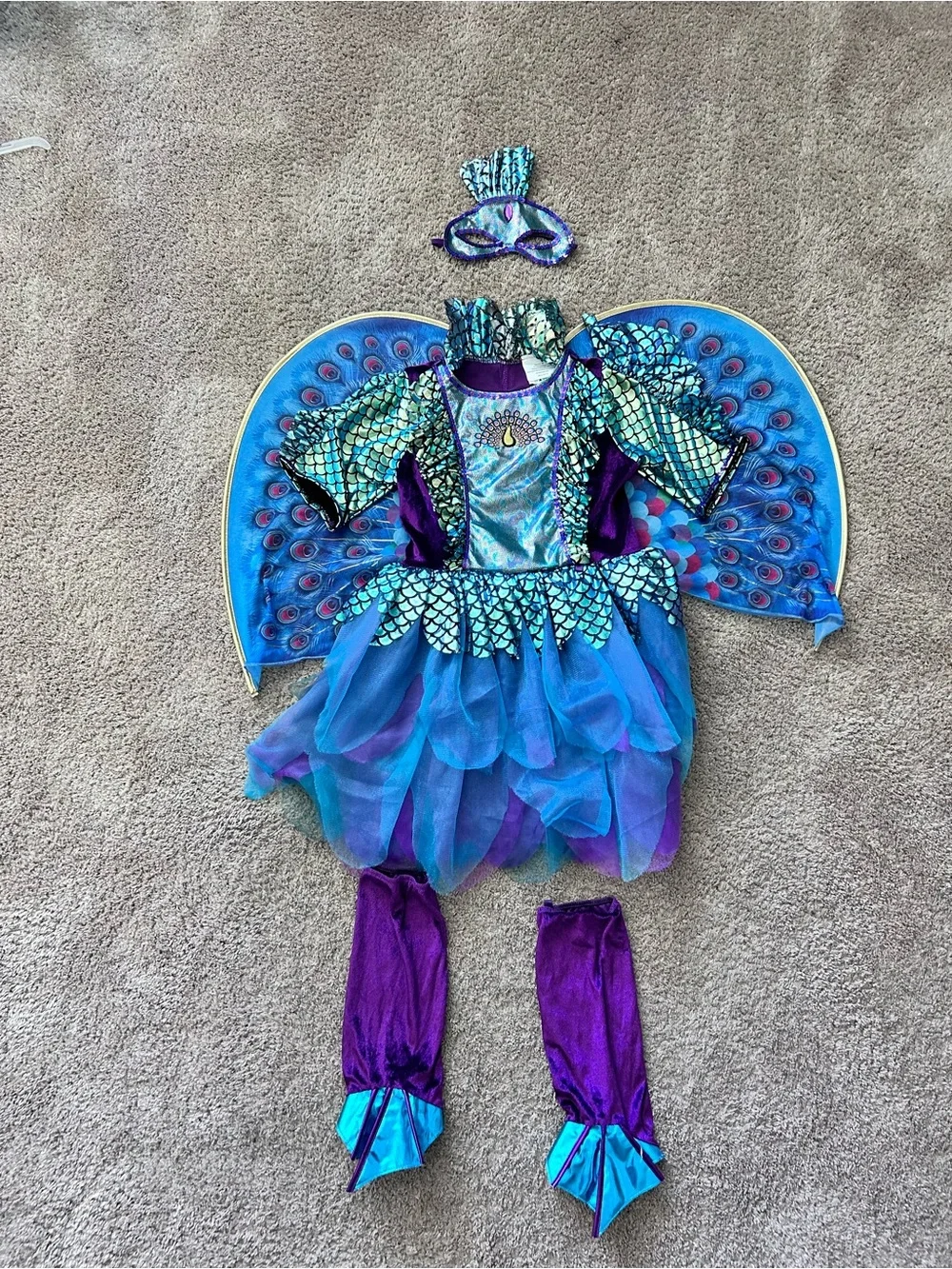 Peacock-Inspired Girls' Blue & Purple Costume Dress with Wings and Mask